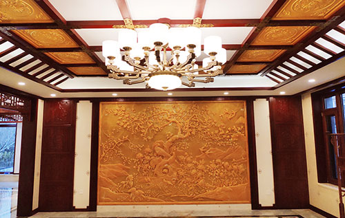 慈溪中式别墅客厅中式木作横梁吊顶装饰展示